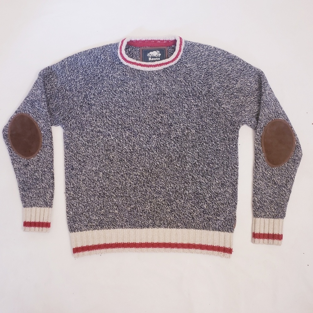 Roots Salt/Pepper Sweater w/ Elbow Patches, Sz L